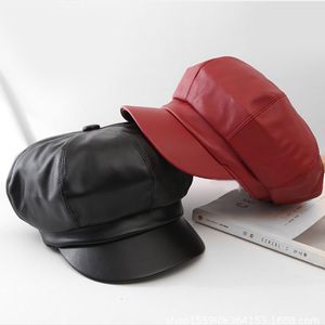 Stingy Brim Hats Fall Winter Fashion Women Solid Color Pu Leather Caps Octagonal Cap Casual Vintage Sboy for Casquette