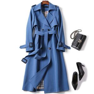 Women's Long Trench Coats 2021 Novo Outono Lapela Dupla Breastsed Slim Windbreaker Coreano Elegante Elegante Belted Revestimento Senhoras Senhoras Outwear S0903