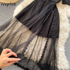 Neploe Sexy Irregular Design Shoulder Strapless Dress Women High Waist Hip A Line Long Vestidos Mesh Patch Short Sleeve Robe Y0823