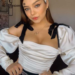 Colysmo Pink Bodysuit Women Long Sleeve Vintage Square Collar Bow Casual Tops Summer Satin Can Off Shoulder Sexy 210527