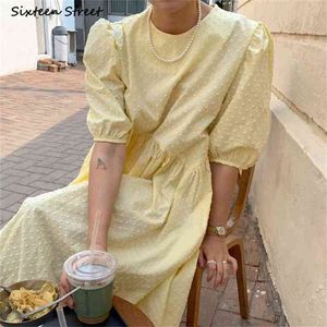 Gul Elegant Klänning För Kvinna Sommar Polka Dot Slim Waist Loose Vestido Koreansk Puff Sleeve Kvinnlig Kläder 210603