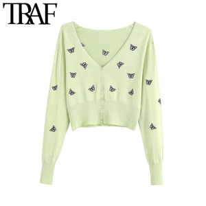 TRAF Moda Borboleta Borboleta Bordado Colhido Cardigan Cardigan Camisola Vintage Manga Longa Feminina Outerwear Chique Tops 210415