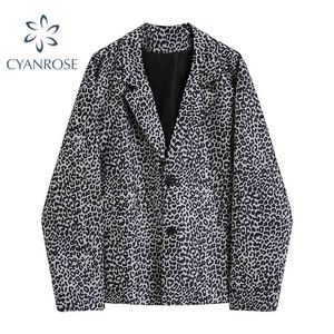 레오파드 여성 코트 빈티지 패션 한국어 느슨한 싱글 브레스트 캐주얼 재킷 긴 소매 사무실 코트 여성 오버 코트 탑 210417
