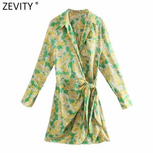 Zevity Women Vintage Blomstryck Casual Slim Mini Shirt Klänning Kvinnlig Chic Långärmad Bow Tied Wrap Kimono Vestidos DS8346 210806