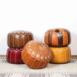 Nordic Style Marockansk Artificial Leather Pouf Craft Mandala Broderi Ottoman FootStool Runda Unstuffed Cushion Pillow 211110