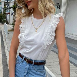 Elegant Solid Ruffled Women Cotton O-neck Sleeveless Tank Tops Summer White Basic All-match Female T-shirt 210414