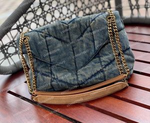 Vendita di fabbrica LouLou Puffers Denim Jeans Borsa a tracolla con patta 577475 Borsa a tracolla a catena pesante con cinturino in pelle bovina smerigliata da donna di alta qualità con SCATOLA 3 dimensioni