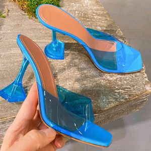 Sandálias Mulheres 2022 Estilo de estrelas Transparente PVC Cristal Clear Salppers Fashion Saltos altos slides femininos Sapatos de verão 220303