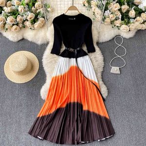 Singreiny Women Design Pleated Dress Fashion Chic Splice de malha A-Linedresses Outono Coreano Ins Streetwear Midi Longo Vestido 210419