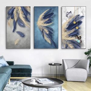 Moderne blaue abstrakte Feder-Leinwand-Malerei, nordisches Poster und Drucke, Wandkunst, Bild für Wohnzimmer, luxuriöse Dekoration, Cuadros