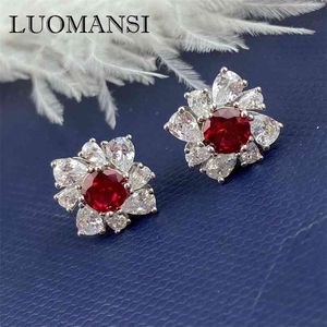 Natürliche Diamantohrringe großhandel-Luomansi Natürlicher Rubin Bolzen Ohrring Diamantschmuck S925 Sterling Silber Geschenk für Party Hochzeit