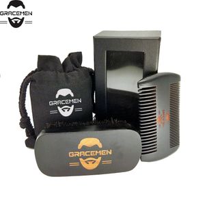 MOQ 100 sätter OEM ODM Custom Logo Black Beard Hair Care Kit Innehåller skägg Borsta Dubbelsidig Tänder Kam och Bag Box