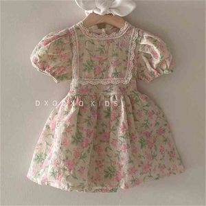 Kore Tarzı Toddler Kız Vintage Tutu Elbise Çiçek Desen Çocuk Kız Kısa Kollu Elbiseler Bebek Moda Yaz 210413