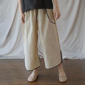 Johnature Ankle-length Pants Casual Loose Summer Elastic Waist Solid Cotton Linen Trousers Comfortable Women Pants 210521