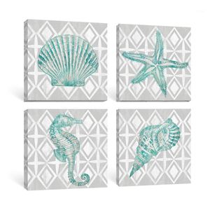 Wholesale shell paintings art resale online - Paintings Nautical Ocean Life Wall Art Canvas Painting Starfish Shell Poster Teal Grey Bathroom Prints Beach House Nursery Decor Pictures