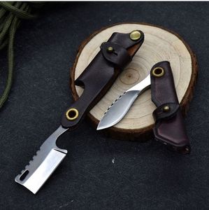 Högkvalitativ liten D2 stål EDC Keychain Folding Kniv Satin Blade Cow Leather Mantel Handle Knivverktyg