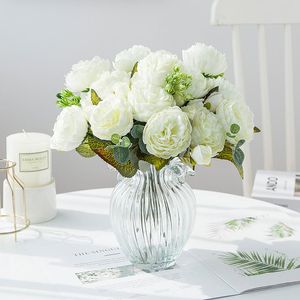 Fiori decorativi Ghirlande Rosa rosa Autunno Seta artificiale Matrimonio Decorazione domestica Bouquet di peonia di lusso di alta qualità Fiore finto bianco Wa