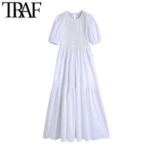 TRAF Kadınlar Chic Moda Smocked Elasitc Beyaz Midi Elbise Vintage O Boyun Puf Kollu Kadın Elbiseler Vestidos Mujer 210415