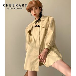 메쉬 퍼프 슬리브 짧은 트렌치 코트 여성용 활 디자이너 칼라 코트와 자켓 카키 가을 의류 210427