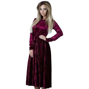 冬の春のベルベットのドレス女性のファッションのしっかりしたサッシ定期的な長いプリーツのセクシーなes vestidosローブ210607