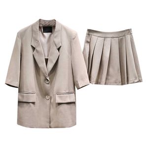 FORSE U Khaki Grigio Nero Blazer con colletto a tacca Donna Due pezzi Abito con bottoni Mini gonna corta a pieghe Mezza manica T0440 210529