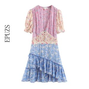 summer Vintage flore print Boho dress women ruffles Sexy short sleeve pleated v neck mini vestidos 210521