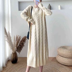 Vintage Knitted dress women autumn and winter thickening loose long over-the-knee retro twist sweater base dress female vestidos Y1204