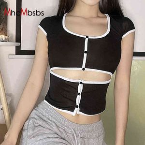 Women Patchwork U-Neck Short Sleeve Tshirts Hollow Out Single Breasted Cardigans Sexy Crop Tops Summer Kawaii Clothes 210517