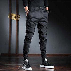 Homens Calças Casuais Coreano Streetwear Preto Estiramento Slim Fit Calças 211119