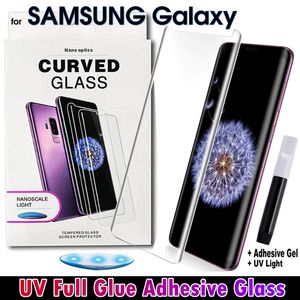 3D Kavisli Nano Sıvı Koruyucu Tam Kapak Tutkal Temperli Cam Ekran Ile UV Işık Ile Samsung S22 Artı S6 S7 Kenar S8 S9 S10 S20 S21 Ultra Not 10 20