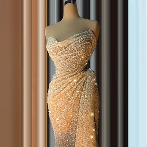 Champagne sequined mermaid prom klänningar veck pärlstil golv längd kväll klänningar fest klänning speciell occassion robe de soiree