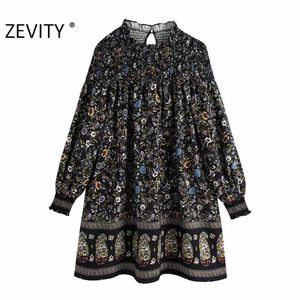 Zevity Women Vintage Totem Flower Print Court Mini Dress Femme Långärmad Kimono Vestido Chic Casual Elastic Dresses DS4480 210603