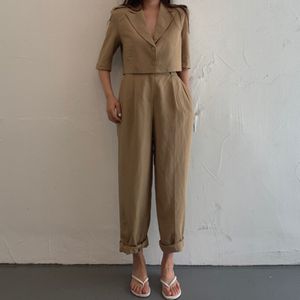 Yaz Kadın Setleri 2 Parça Ayak Bileği Uzunlukta Geniş Bacak Pantolon Yüksek Bel Rahat Tek Göğüslü Kostüm Takım 210512
