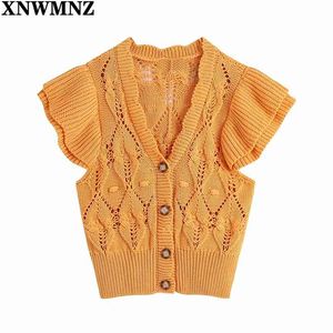 Kvinnors stickade väst singel breasted fasta jumpers femmel ruffles ärmlös stickning toppar vintage cropped v-neck kläder 210520