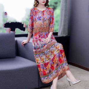 Lato Elegancka Luźna Mulberry Silk Maxi Sundress Casual Floral Boho Beach Casual Dresses Vestidos 210531