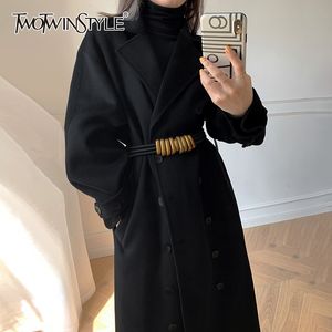 Twotwinstyle temperament svart tweed coat för kvinnor v nacke långärmad dubbelbröst casualrockar kvinnlig mode höst 210517