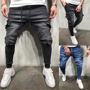Mäns Jeans Man Cowboy Lining Fritidssporter Byxor på Multi-Pocket Biker Streetwear Slim Elastic Joggers Soild Color Trousers1