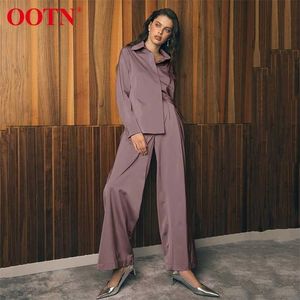 OOTN Blue Satin Home Suit Wear Spring Brown Long Sleeve 2 Piece Top And Pant Sets Loose Casual Solid Ladies Trousers Set 211106