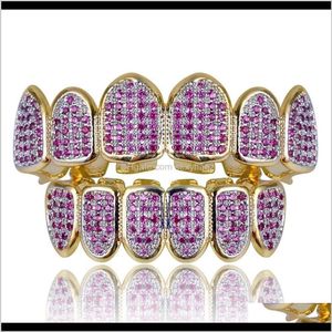 Grillz Dental Custom Fit Hip Hop Gold Teeth Caps Micro Pave Fuchsia Cubic Zirconia Top Bottom Grills Set for Christmas Gift Wom Yge9w