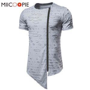 Hip Hop Zipper Hole Short Sleeve Mens T-shirt Summer O-Neck Long Section Tshirt For Man Fashion Brand Workout Shirt Men Clothing G1222