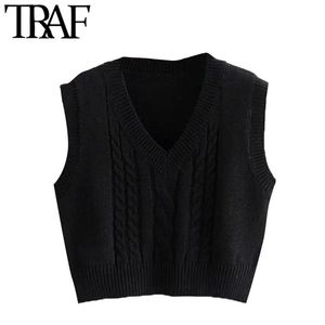 TRAF女性ファッションリブ付きトリムトリムクロップ編みベストセーターヴィンテージvネックノースリーブ女性プルオーバーシックトップ210415