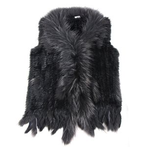 Högkvalitativ detaljhandel / Partihandel Raccoon Dog Fur Collar Trim Kvinnor Strikkad Naturlig Kanin Fur Vest Gilet / Waistcoat 211018