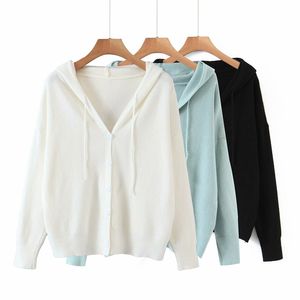 Casual Woman Oversized Solid Färg Hooded Cardigan Fashion Ladies Single Breasted Knitwear Kvinna Sweet Loose Hoodies 210515