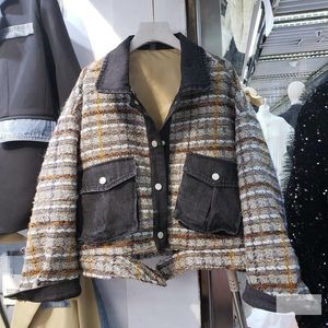 Damskie Kurtki Płaszcz Kobiety Luźna Kurtka Dżinsowa Patchwork Plaid Pojedynczy Biersed Wiosna Jesień Kobieta Batwing Rękaw Casual Hip Hop Outwear