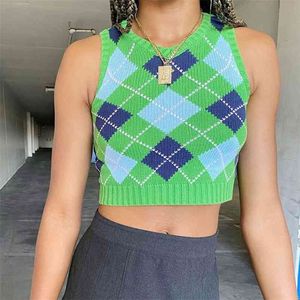 Crop top argyle sweater vest women sleeveless knitted pullovers casual streetstyle short club party jumper 210427