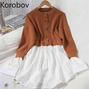 Korobov Fashion Hit Color Patchwork Fake 2 Pieces Sets Dress Korean Single Breasted A-Line Dresses Vintage OL O Neck Robe Femme 210430