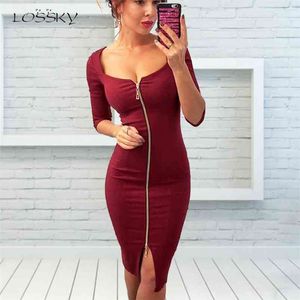 Loscky Women Sexy Club Niski Cut Bodycon Sukienka Red Velvet Płaszcze Burgundii Moda Czarne Pure Spring Ołówek Sukienki do Office 210331