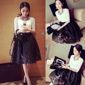 Skirts Women Summer Skirt Lace Solid Double Layer Chiffon A-line Pleated Retro Elastic Waist Long Black Casual