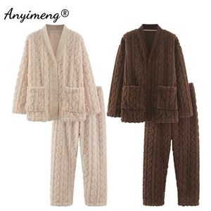 Couple Winter Warm Pajamas Set Fashion Casual Korean Minimalist Style Young Man and Woman Thick Pijama Sets Trendy Sleepwear 211215