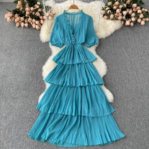 Red/Blue/Brown Cascading Ruffle Chiffon Long Dress Women Elegant V-Neck High Waist Short Sleeve Vacation Beach Vestidos Summer 2022